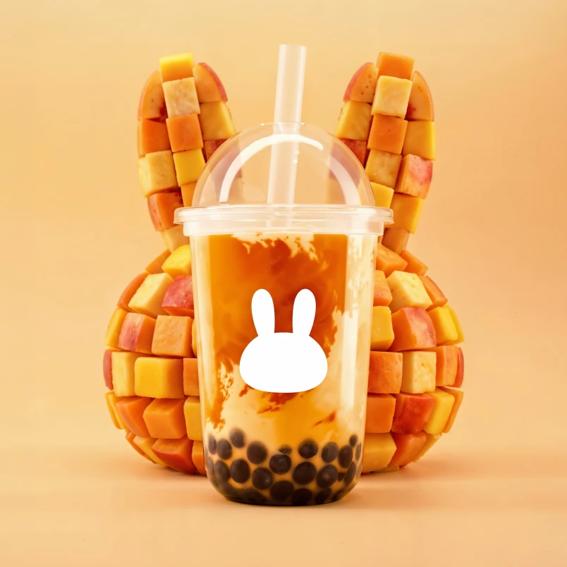 Boba tea cup with bunny silhouette in front of fruit-cube rabbit sculpture
